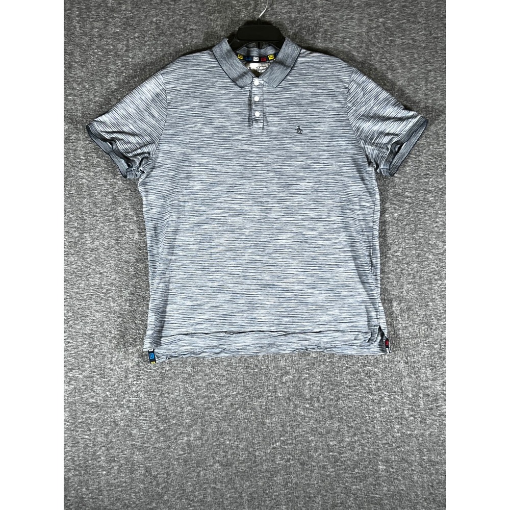 Original Penguin Mens XXL Blue‎ Space Dye Striped Cotton Polo Shirt Short Sleeve